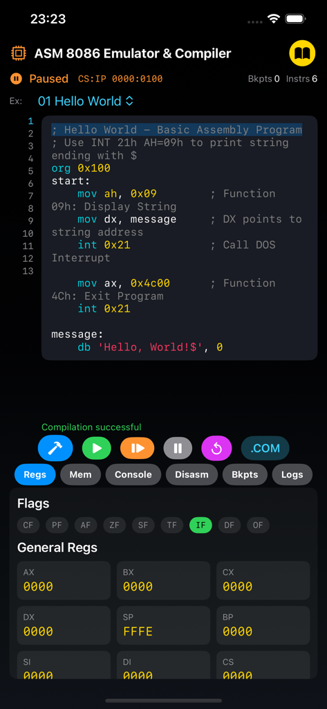 ASM 8086 Emulator & Compiler - Interfaccia dell'emulatore ASM 8086 che mostra l'editor di codice assembly e il monitoraggio dei registri della CPU in tempo reale