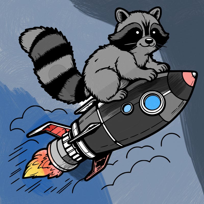 realistic raccoon flying on top rocket ship
