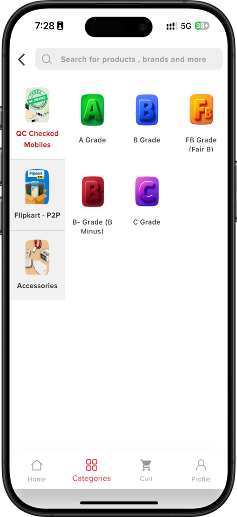 DD App B2R - Mobile app interface showing product categories for refurbished smartphones graded from A to C