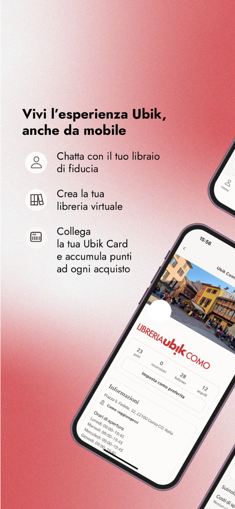 Interface d'application mobile pour my ubik présentant les fonctionnalités et le profil d'une librairie locale.