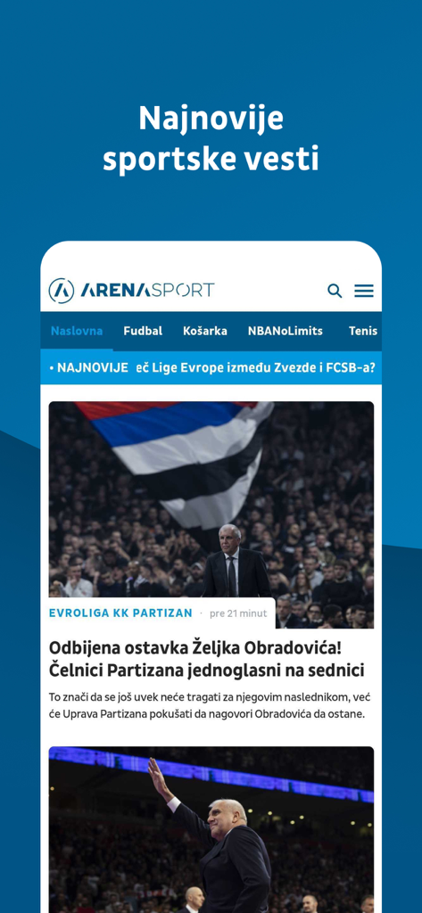 TV Arena Sport mobile app interface displaying the latest Serbian sports news and categories for football and basketball.