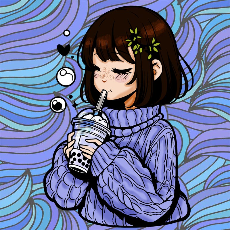 manga girl drinking boba in cozy sweater