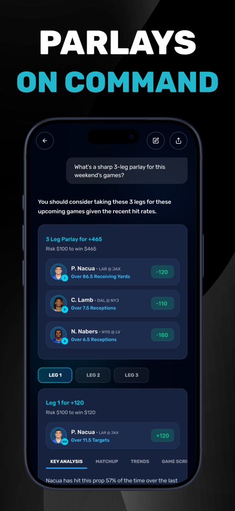Interfaz de la aplicación RotoBot que muestra un chatbot de IA generando un parlay de la NFL de 3 patas con información y análisis de pronósticos de jugadores.
