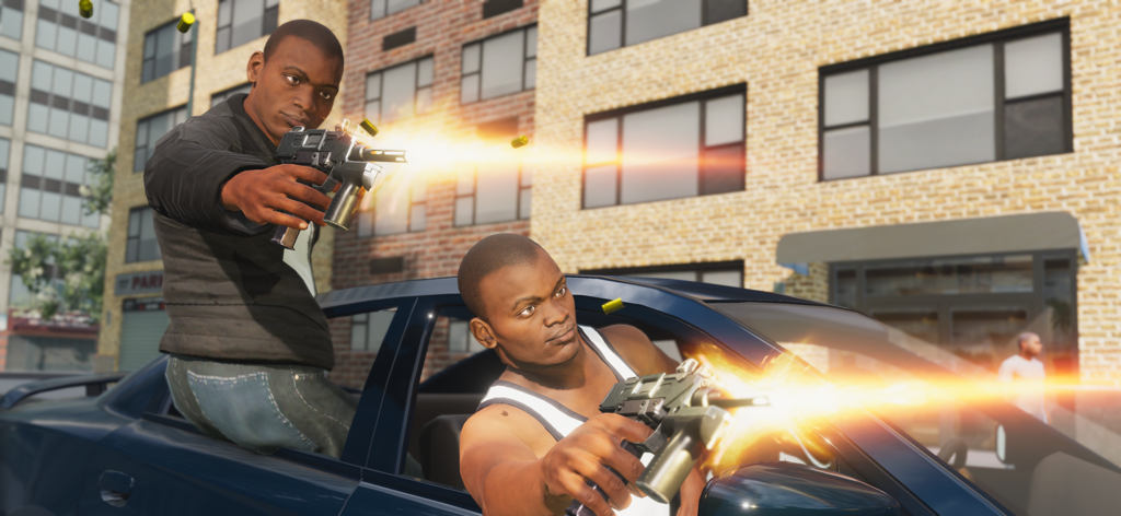 Crime Auto - 크라임 오토 모바일 게임에서 차 안에서 총을 발사하는 두 명의 갱스터.