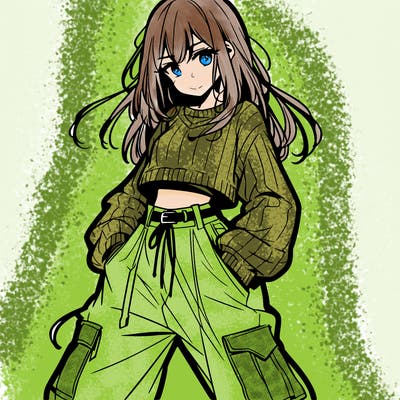 anime teen girl with baggy pants and crop top with sweater