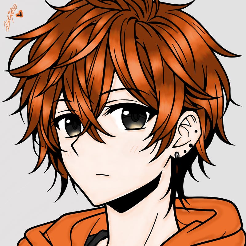 anime boy with shoulder-length hair with a pierced ear and medium-sized eyes