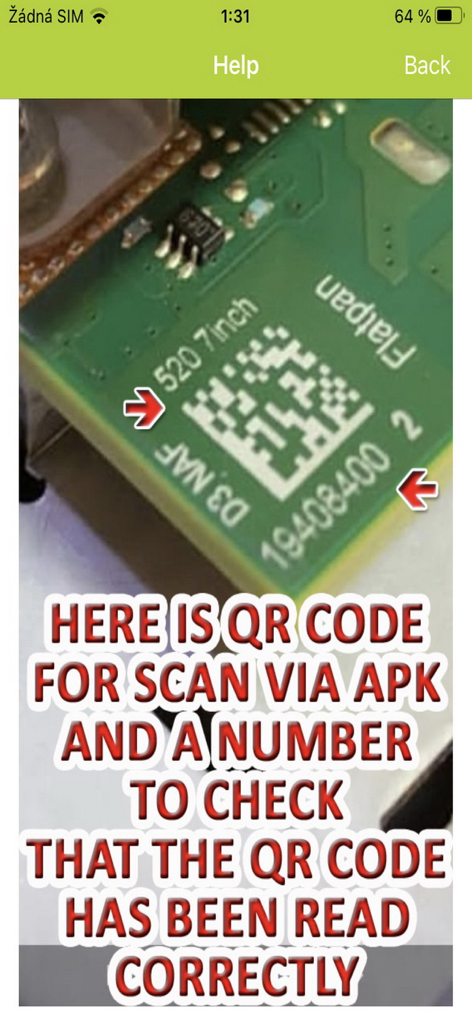 QR code and serial number on a Fiat radio circuit board for decoding