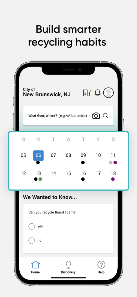 Recycle Coach - Recycle Coach mobile app showing a trash collection calendar waste search tool and recycling education quiz