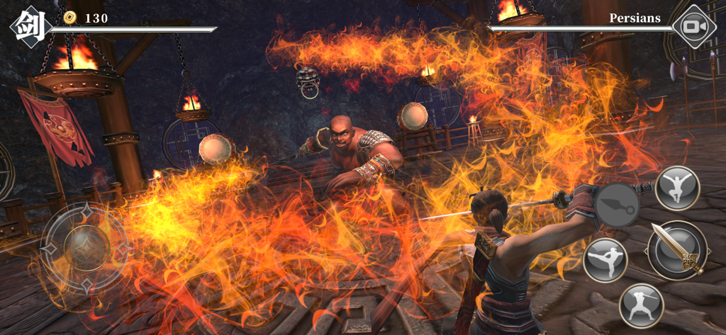 Un guerrero lucha contra un jefe rodeado de fuego en Nine Night.