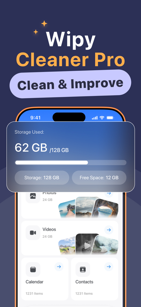 Wipy Cleaner Pro dashboard showing storage usage and categories for cleaning photos videos calendar and contacts