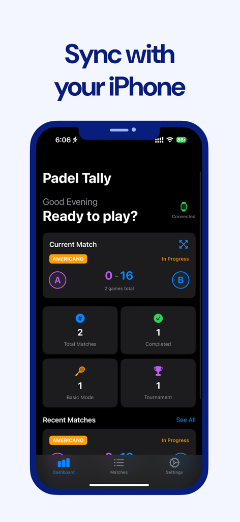 Padel Tally - Scoring Tracking - Padel Tally App-Dashboard auf einem iPhone, das Spielstände und Statistiken anzeigt.
