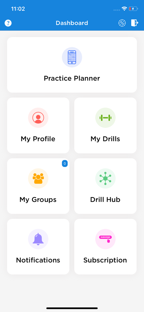 Main dashboard of the iPB Volleyball app featuring navigation buttons for Practice Planner, My Drills, and Drill Hub.