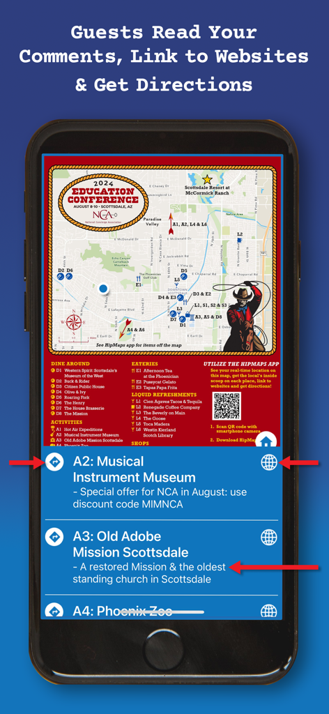 HipMaps - Interface do aplicativo HipMaps exibindo um mapa de conferência personalizado com a marca, com descrições de locais e botões de navegação
