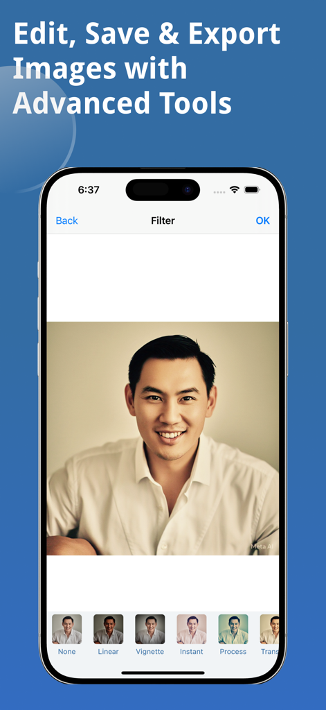 Screenshot of Printmate app showing photo filters and advanced image editing tools on an iPhone