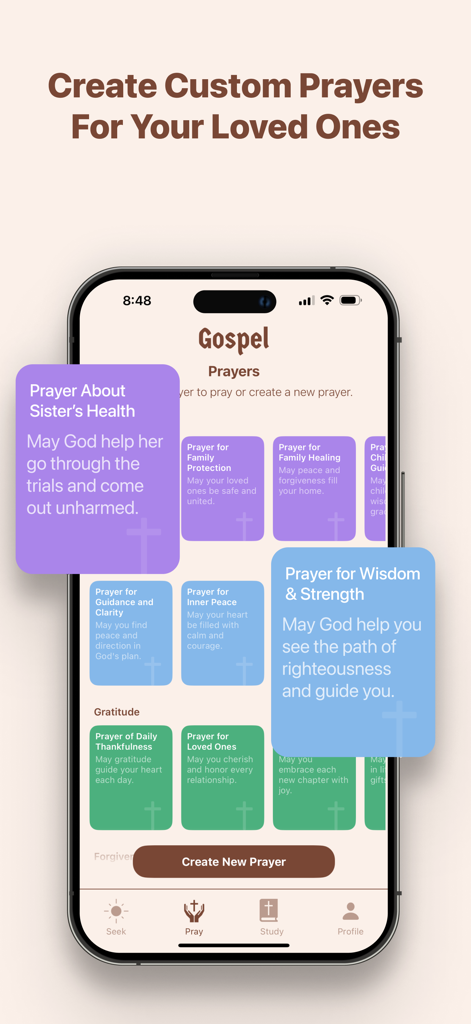 Interfaz de la aplicación Evangelio que muestra tarjetas de oración personalizadas para la familia y la salud personal