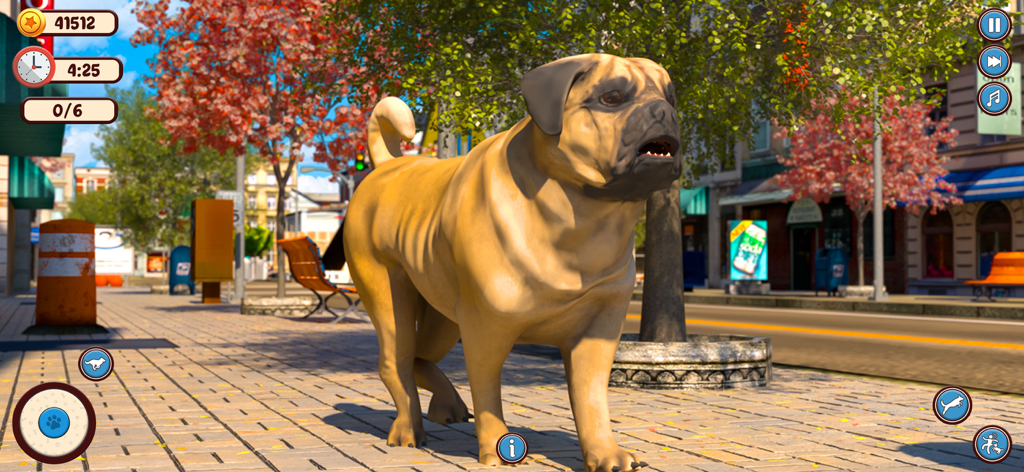 Dog Simulator: Puppy Pet Games - Un perro pug 3D caminando por una acera de la ciudad en el juego móvil Simulador de Perro.