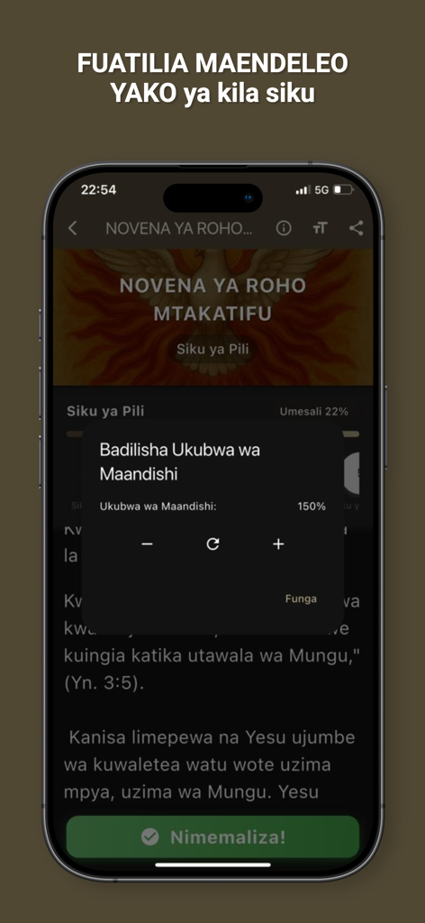 My Novena - Captura de pantalla de la aplicación Mi Novena en suajili que muestra la Novena al Espíritu Santo con seguimiento del progreso y opciones de tamaño de texto.