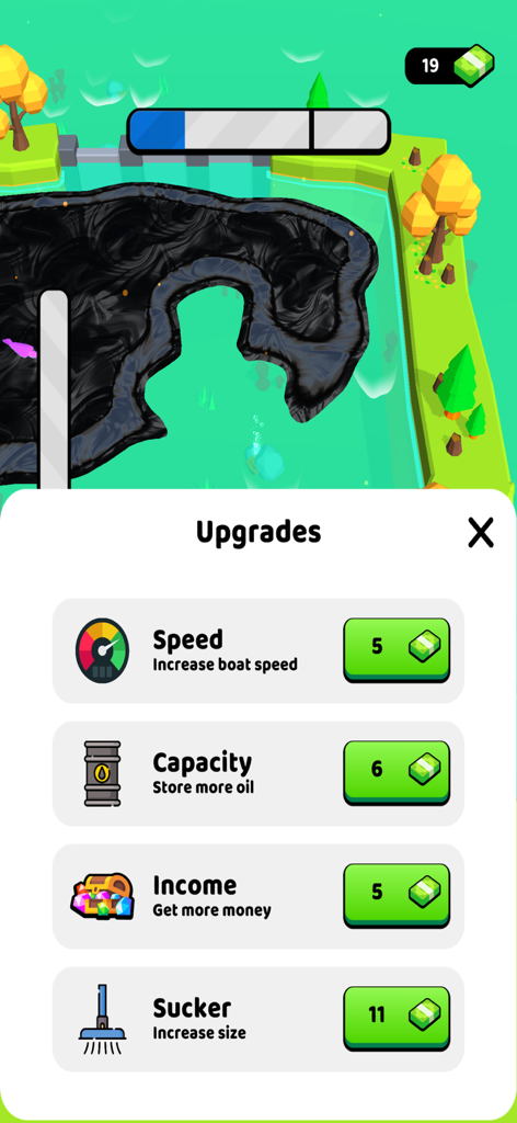 Idle Eco Miner: Ocean Cleanup - Idle Eco Miner Ocean Cleanup upgrades menu screen showing speed capacity income and sucker boat improvements