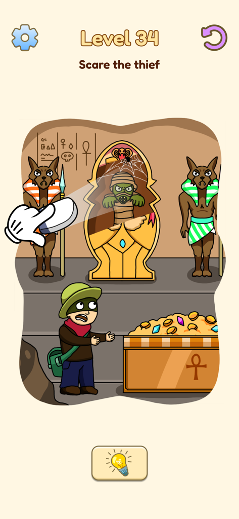 이집트 무덤에서 금을 훔치는 도둑을 놀라게 하기 위해 석관 안의 미라를 드러내는 지우개가 있는 두뇌 티저 레벨.