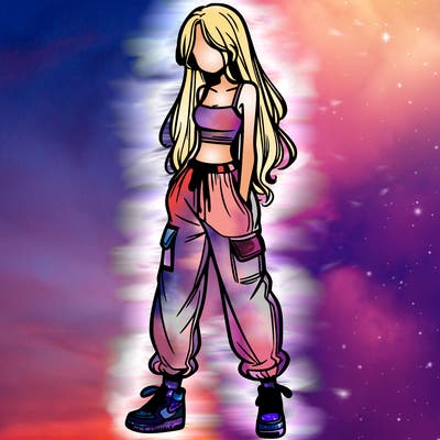 girl in baggy pants crop top and long hair