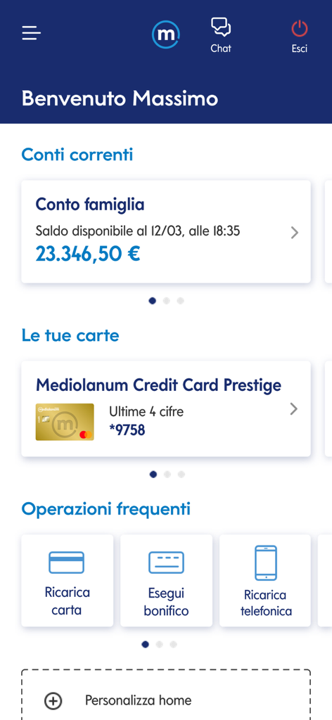 Mediolanum - Dashboard dell'app bancaria Mediolanum che mostra i saldi dei conti e le opzioni di transazione frequenti.
