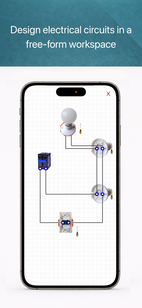 ElectroSim mobile app interface showing a free-form workspace for designing electrical circuits with breakers and bulbs