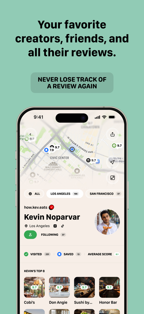 The Biter App - The Biter App interface featuring a creator profile and restaurant recommendations on a map.
