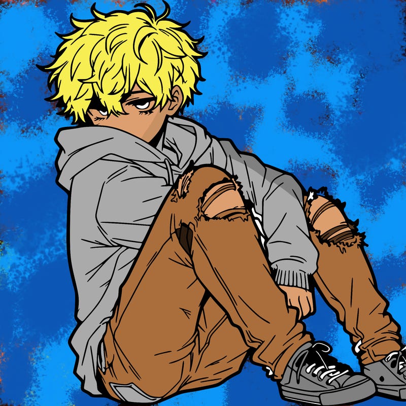 a male hoddie ripped jeans messy hair anime