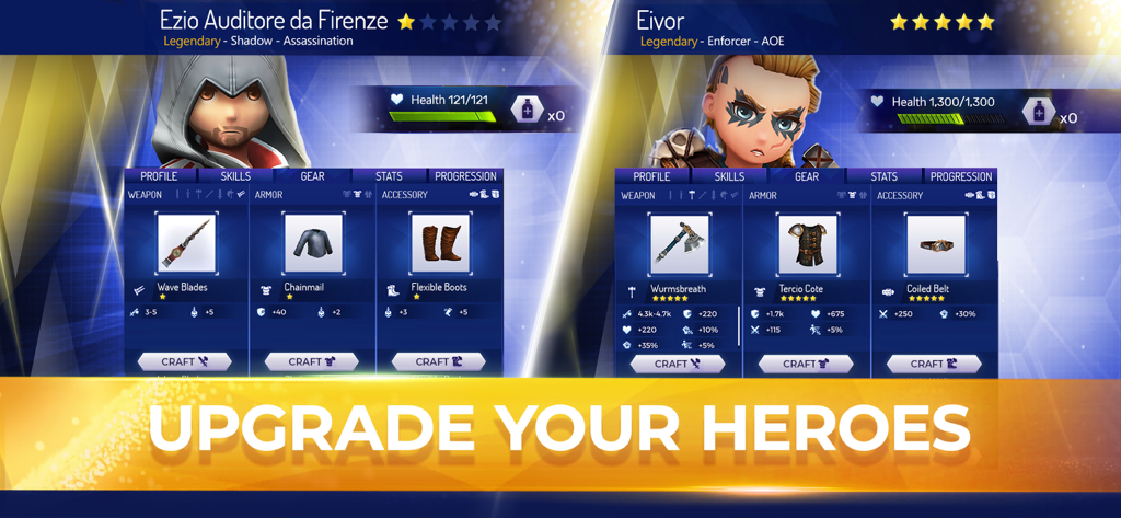 Character equipment screen showing Ezio and Eivor with craftable gear and stats in Assassins Creed Rebellion