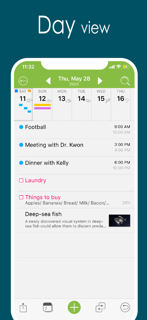 L'emploi du temps quotidien d'Awesome Calendar Lite montrant les événements, les tâches et les notes photo.