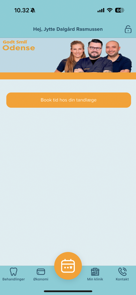 Godt Smil dental app home page with an option to book an appointment
