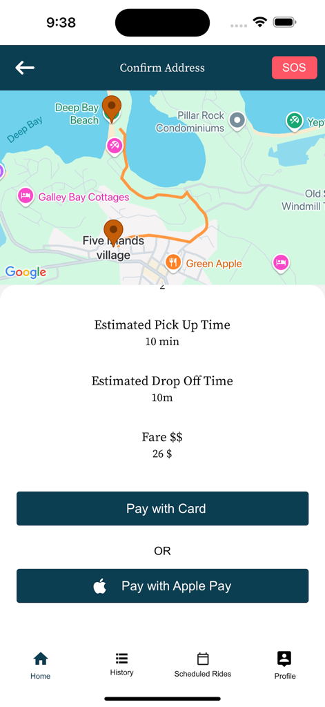 Swyft Taxi app screen displaying a ride route on a map, fare estimate, and payment options including Apple Pay.