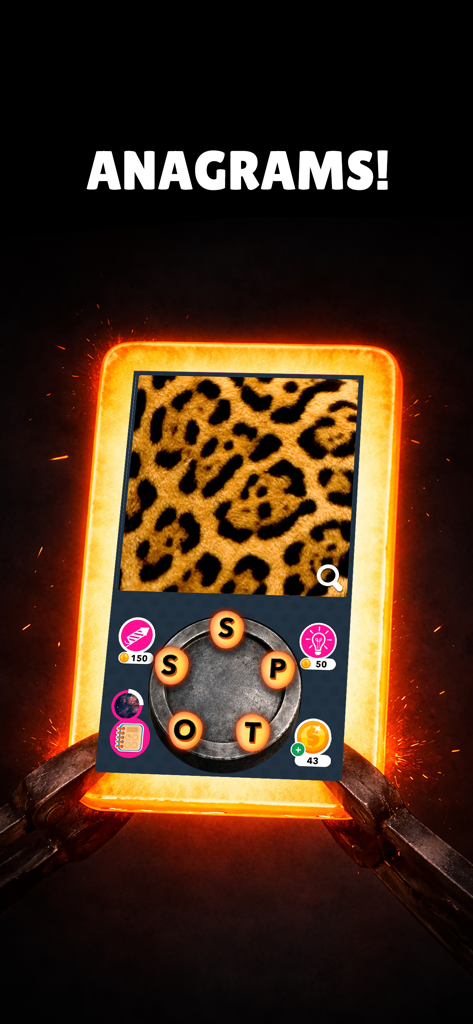 Captura de pantalla del juego de Word Forge que muestra una rueda de letras y un patrón de piel de leopardo como pista visual de anagrama.