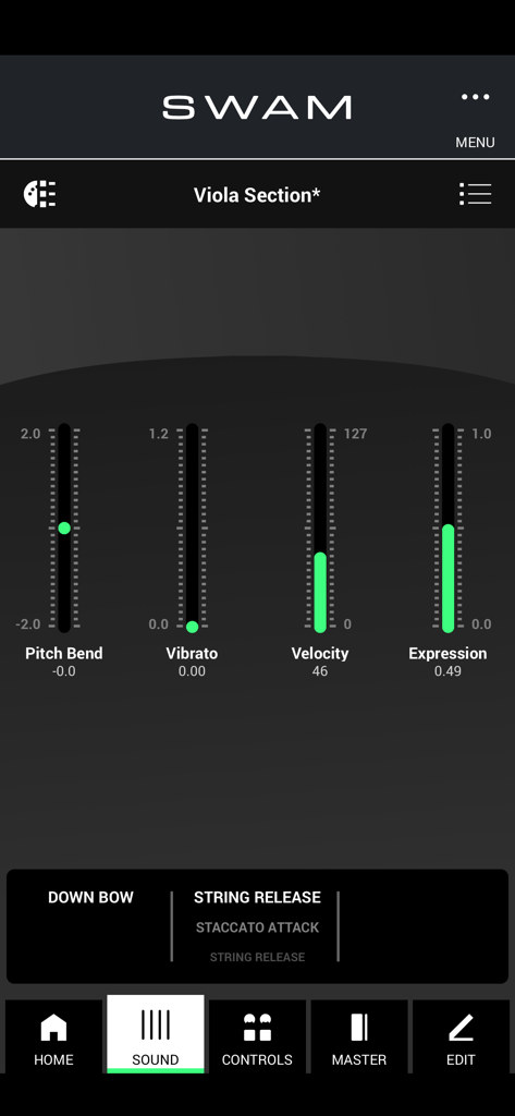 SWAM Viola Section mobile app interface showing real-time sliders for pitch bend, vibrato, velocity, and expression