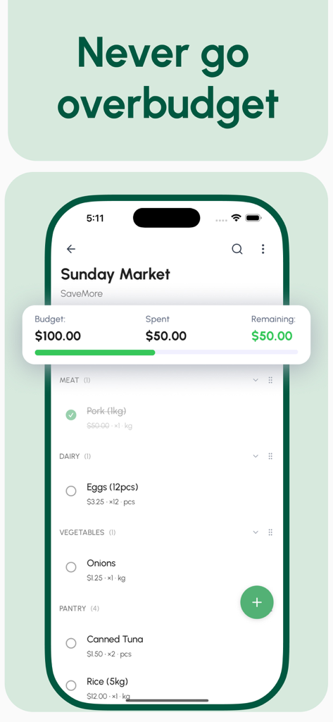 GroceryBudget app interface showing a shopping list with a real-time budget tracking bar and remaining balance