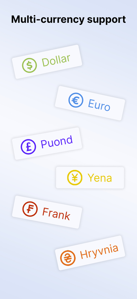 Mony: Budget & Expense Tracker - A list of different global currency options including Dollar, Euro, and Pound illustrating multi-currency support in the Mony app.