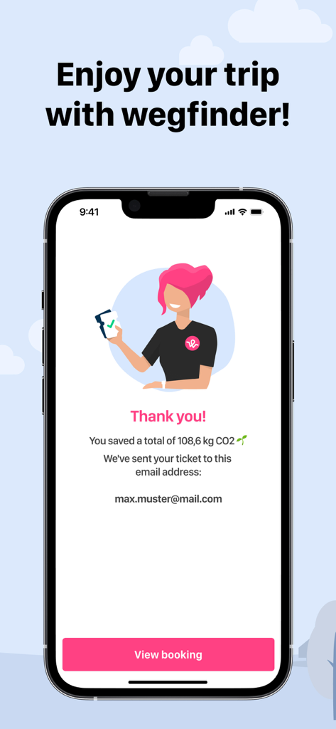 wegfinder - A smartphone screen showing a successful ticket booking in the wegfinder app with a carbon footprint savings message.