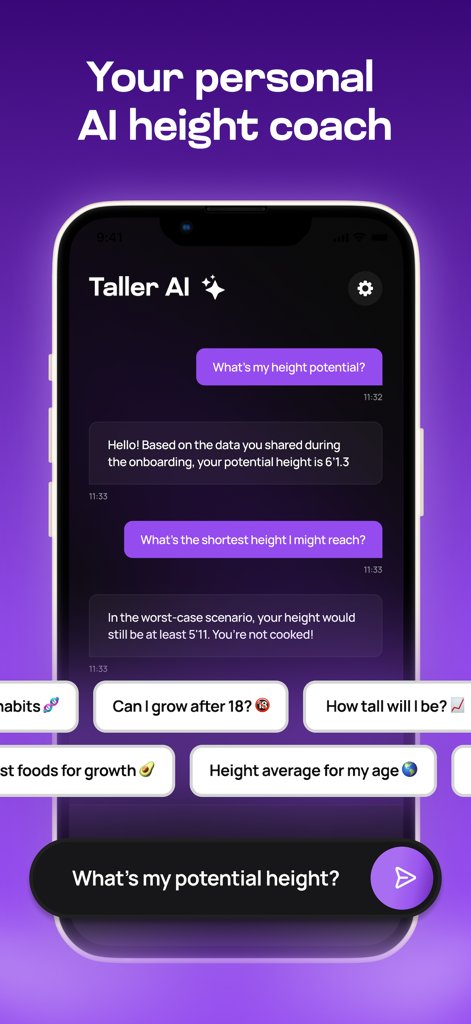 Taller app AI chat interface showing height potential predictions and growth coaching conversation.
