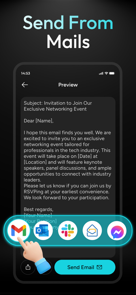 Mailbot - AI Email Writer - AI-generated email preview with options to send via Gmail, Outlook, and Slack.