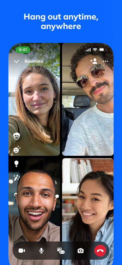 Oberfläche eines Gruppen-Videoanrufs in der Messenger-App mit vier Teilnehmern