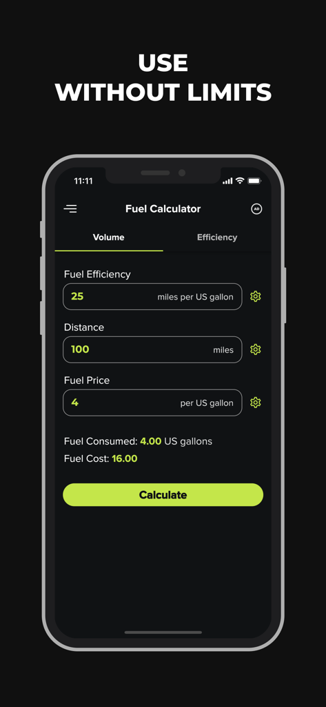 Fuel Calculator App - Screenshot of the Fuel Calculator App interface showing a calculation for fuel consumption and cost in US miles and gallons