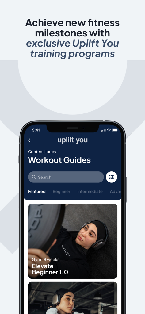 Uplift You - Screenshot of the Uplift You app workout guides screen featuring training programs for different fitness levels.