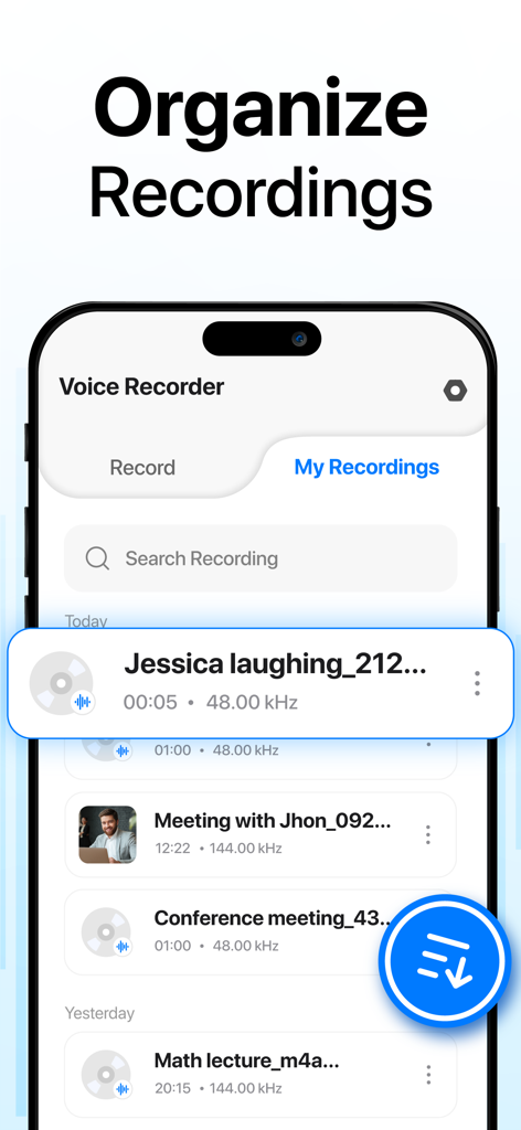 Voice Recorder・Audio Recording - ラベル付きオーディオファイルのリストと検索バーを示す「マイレコーディング」タブを表示するスマートフォンインターフェイス