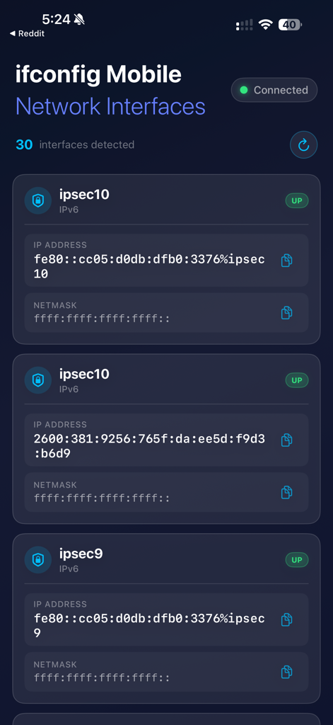 ifconfig Mobile: Network Info - ifconfig Mobileアプリのスクリーンショット。VPNトンネルの詳細なIPアドレスとネットマスクが表示された検出されたネットワークインターフェースのリストを示しています。