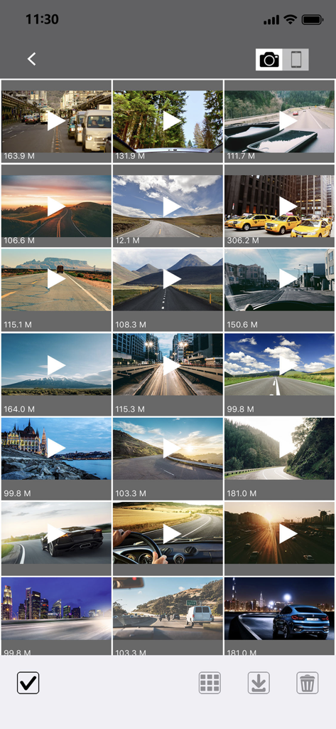 Una galería en cuadrícula de videos grabados de la cámara de salpicadero dentro de la aplicación MyCAM que muestra varios clips de carretera y paisajes