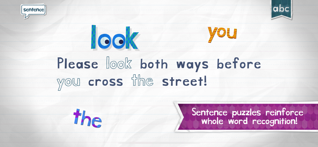 Una captura de pantalla de la aplicación Endless Reader que muestra un rompecabezas de oraciones diseñado para ayudar a los niños a aprender palabras de uso frecuente a través del juego interactivo.