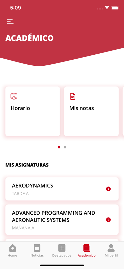 Academic dashboard of the URJC App showing student schedule grades and course list