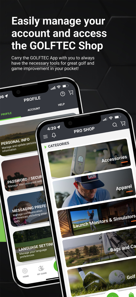 GOLFTEC mobile app interface showing account management and integrated pro shop for golf gear
