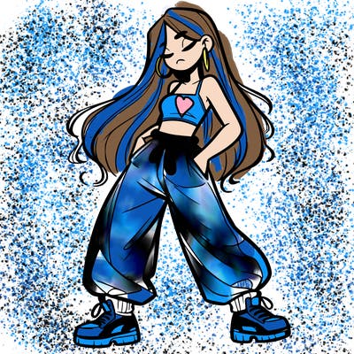 girl in baggy pants crop top and long hair