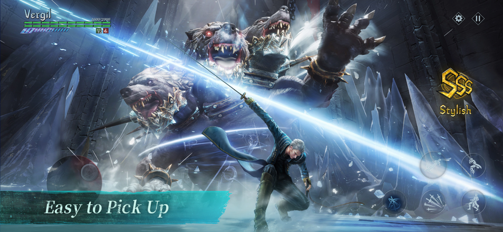 Devil May Cry: Peak of Combat - Vergil führt einen stilvollen SSS-Slash-Angriff gegen einen dreiköpfigen Boss in einer eisigen Arena aus